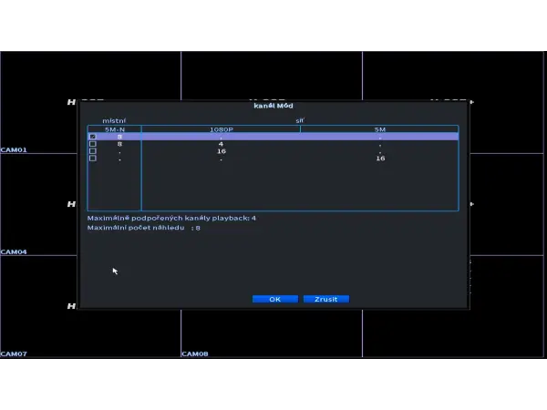 dvr 8ch xm-a108 5mpx (ahd,ip,analog) pro 8 ahd kamer, cz menu