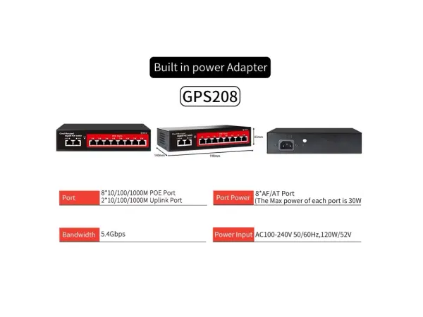 poe switch gps208 10portu rj45 gigabit (8*poe+2*uplink) s rychlosti 10/100/1000 mb/s