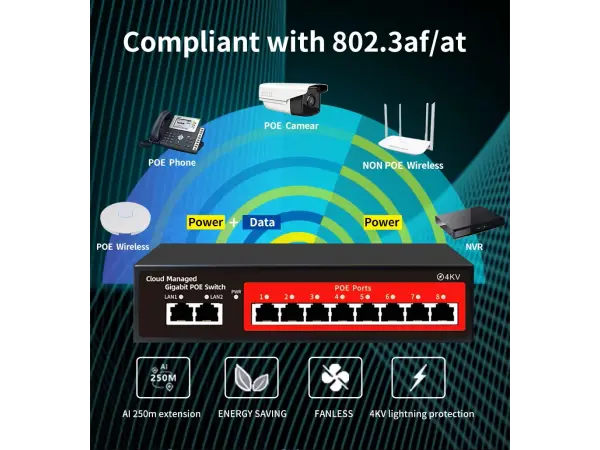 poe switch gps208 10portu rj45 gigabit (8*poe+2*uplink) s rychlosti 10/100/1000 mb/s