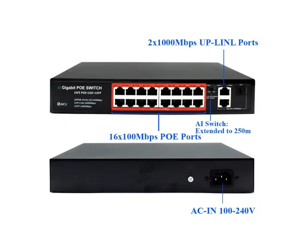 poe switch poe316g 18portu rj45 (16*poe 100mbps +2*uplink 100/1000mbps) ieee 802.3 af/at - rack mount