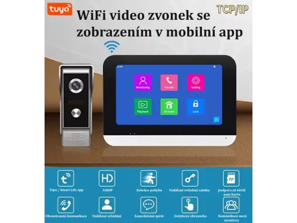 tuya smart digitalni zvonek pst-db10 2,0 mp, 7palcovy dotykovy wi-fi monitor, detekce pohybu 1080p