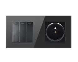 SRAN Elektrick� z�suvka 230V + trojvyp�na� v luxusn�m �ern�m sklen�n�m dvojr�me�ku - 156 K�